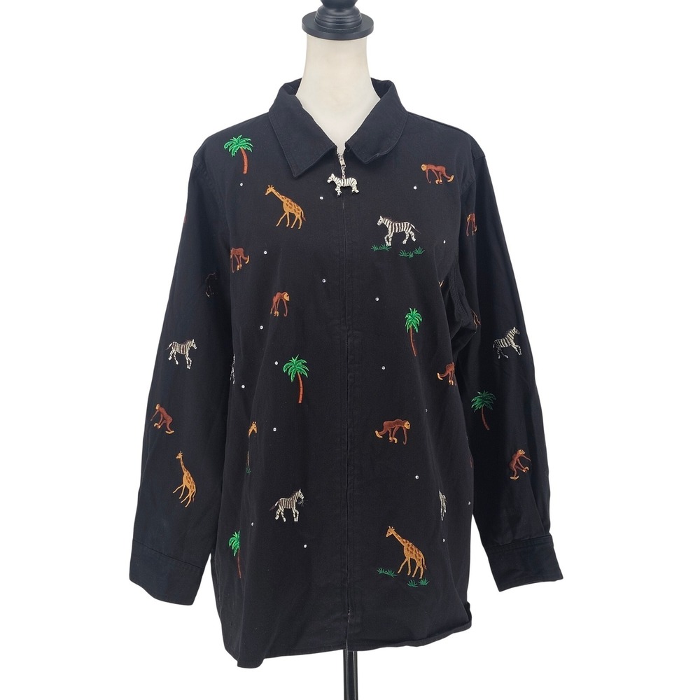 Quacker Factory Full Zip Shacket 1X Black Safari Animal Embroidered Kitsch
